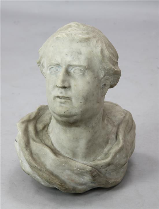 A late 18th century carved white marble bust of a gentleman, 18.5in.